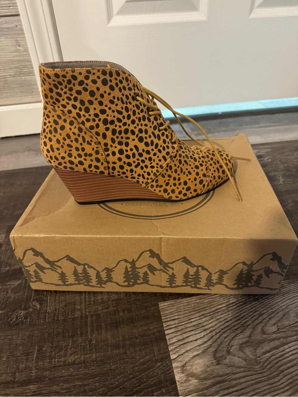 Leopard Print Lace-Up Wedge Ankle Boot - Tan/Black - Picture 1 of 1